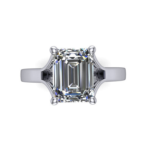 Savannah emerald classic solitaire engagement ring in 18K White Gold with polished split shank, top-down view of the center stone and split shank