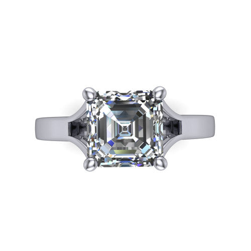 Savannah asscher classic solitaire engagement ring in Platinum with polished split shank, top-down view of the center stone and split shank
