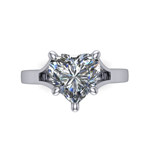 Savannah heart classic solitaire engagement ring in 18K White Gold with polished split shank, top-down view of the center stone and split shank