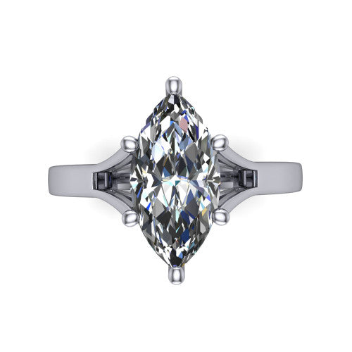 Savannah marquise classic solitaire engagement ring in Platinum with polished split shank, top-down view of the center stone and split shank