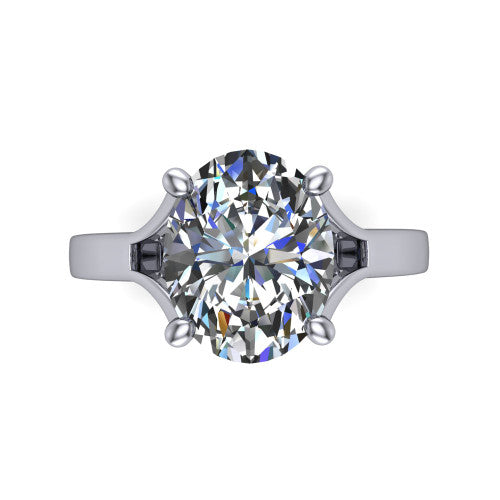 Savannah oval classic solitaire engagement ring in Platinum with polished split shank, top-down view of the center stone and split shank