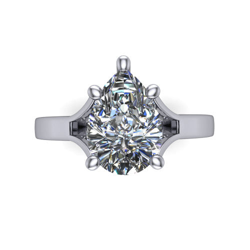 Savannah pear classic solitaire engagement ring in 14K White Gold with polished split shank, top-down view of the center stone and split shank