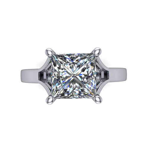 Savannah princess classic solitaire engagement ring in 14K White Gold with polished split shank, top-down view of the center stone and split shank