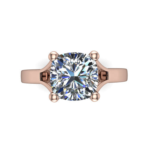 Savannah cushion classic solitaire engagement ring in 18K Rose Gold with polished split shank, top-down view of the center stone and split shank
