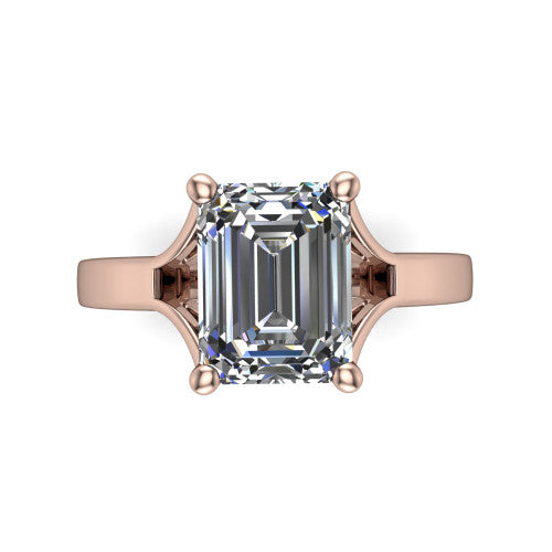 Savannah emerald classic solitaire engagement ring in 18K Rose Gold with polished split shank, top-down view of the center stone and split shank