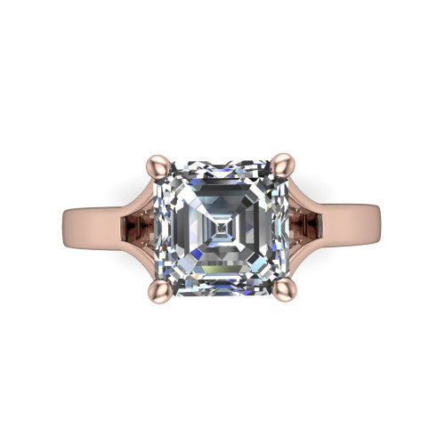 Savannah asscher classic solitaire engagement ring in 14K Rose Gold with polished split shank, top-down view of the center stone and split shank