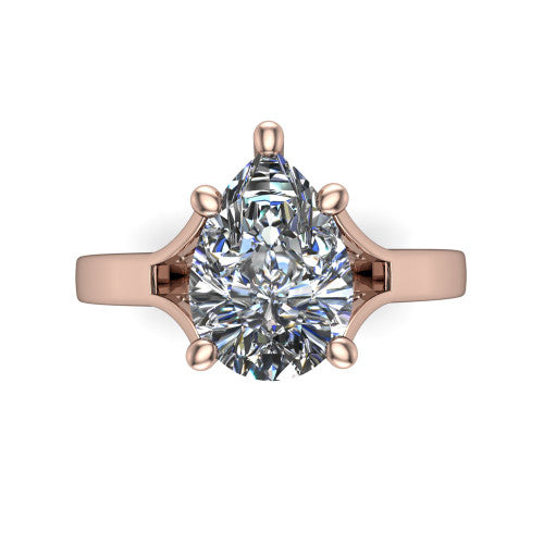 Savannah pear classic solitaire engagement ring in 18K Rose Gold with polished split shank, top-down view of the center stone and split shank