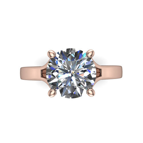Savannah round classic solitaire engagement ring in 14K Rose Gold with polished split shank, top-down view of the center stone and split shank