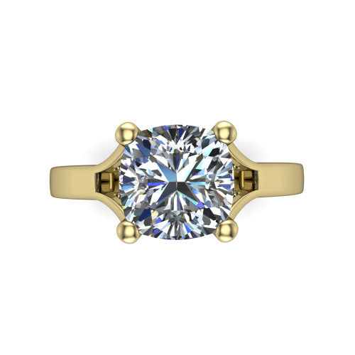 Savannah cushion classic solitaire engagement ring in 14K Yellow Gold with polished split shank, top-down view of the center stone and split shank