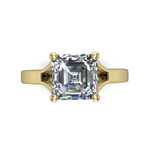 Savannah asscher classic solitaire engagement ring in 18K Yellow Gold with polished split shank, top-down view of the center stone and split shank