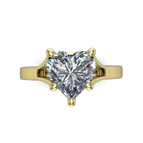 Savannah heart classic solitaire engagement ring in 14K Yellow Gold with polished split shank, top-down view of the center stone and split shank