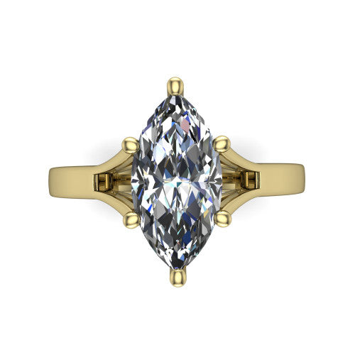 Savannah marquise classic solitaire engagement ring in 14K Yellow Gold with polished split shank, top-down view of the center stone and split shank