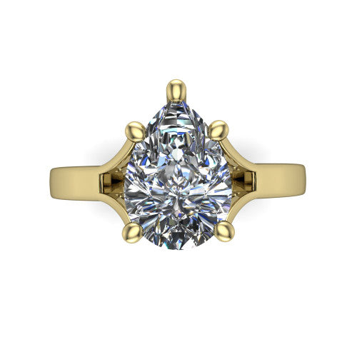 Savannah pear classic solitaire engagement ring in 14K Yellow Gold with polished split shank, top-down view of the center stone and split shank