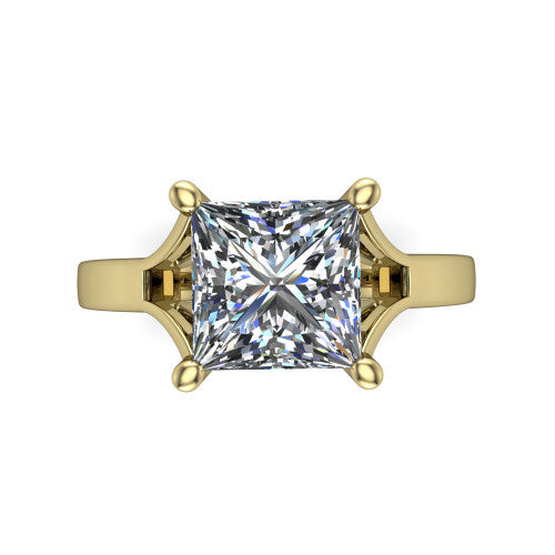 Savannah princess classic solitaire engagement ring in 14K Yellow Gold with polished split shank, top-down view of the center stone and split shank