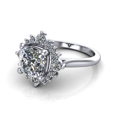 Hailey cushion halo engagement ring in Platinum with vintage starburst cluster halo, three-quarter perspective view