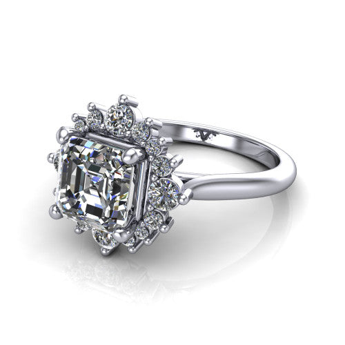 Hailey asscher halo engagement ring in 14K White Gold with vintage starburst cluster halo, three-quarter perspective view