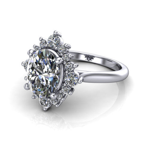 Hailey oval halo engagement ring in 18K White Gold with vintage starburst cluster halo, three-quarter perspective view