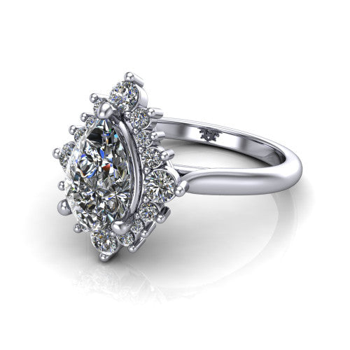 Hailey pear halo engagement ring in 14K White Gold with vintage starburst cluster halo, three-quarter perspective view