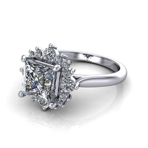 Hailey princess halo engagement ring in 18K White Gold with vintage starburst cluster halo, three-quarter perspective view