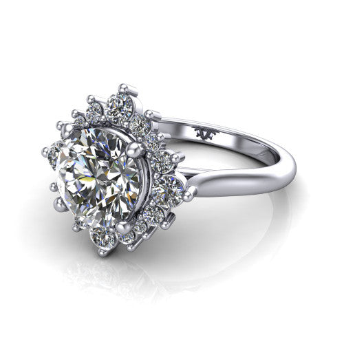 Hailey round halo engagement ring in Platinum with vintage starburst cluster halo, three-quarter perspective view
