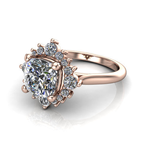 Hailey cushion halo engagement ring in 14K Rose Gold with vintage starburst cluster halo, three-quarter perspective view