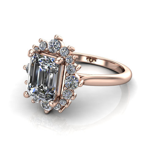 Hailey emerald halo engagement ring in 18K Rose Gold with vintage starburst cluster halo, three-quarter perspective view