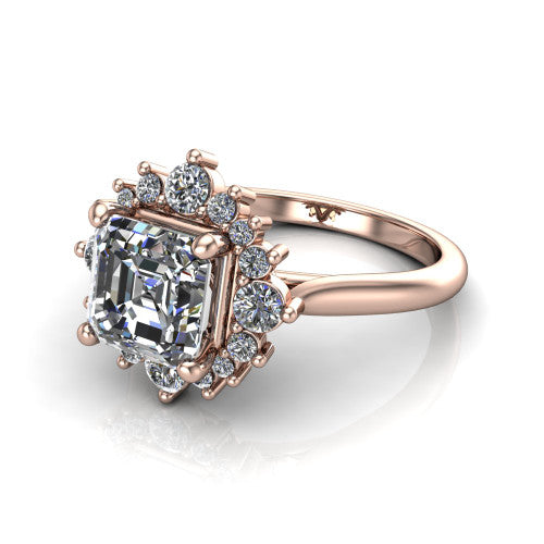 Hailey asscher halo engagement ring in 18K Rose Gold with vintage starburst cluster halo, three-quarter perspective view