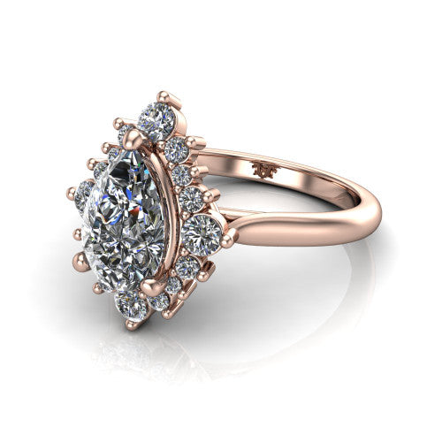 Hailey pear halo engagement ring in 14K Rose Gold with vintage starburst cluster halo, three-quarter perspective view