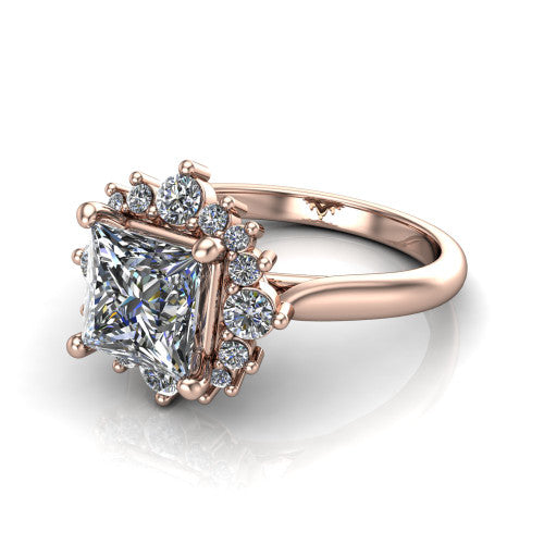 Hailey princess halo engagement ring in 14K Rose Gold with vintage starburst cluster halo, three-quarter perspective view