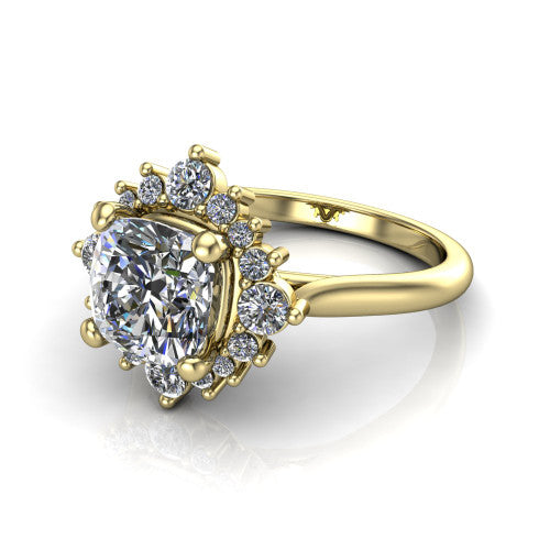 Hailey cushion halo engagement ring in 18K Yellow Gold with vintage starburst cluster halo, three-quarter perspective view