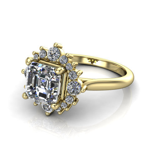Hailey asscher halo engagement ring in 14K Yellow Gold with vintage starburst cluster halo, three-quarter perspective view