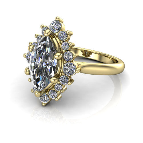 Hailey marquise halo engagement ring in 14K Yellow Gold with vintage starburst cluster halo, three-quarter perspective view
