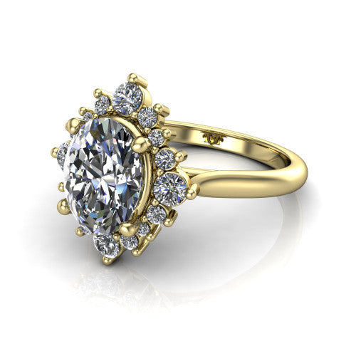 Hailey oval halo engagement ring in 14K Yellow Gold with vintage starburst cluster halo, three-quarter perspective view