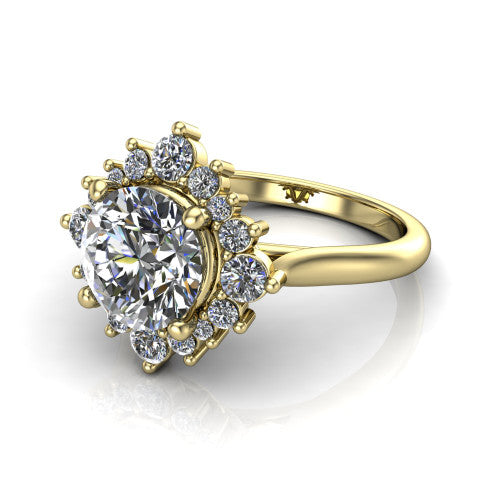 Hailey round halo engagement ring in 14K Yellow Gold with vintage starburst cluster halo, three-quarter perspective view