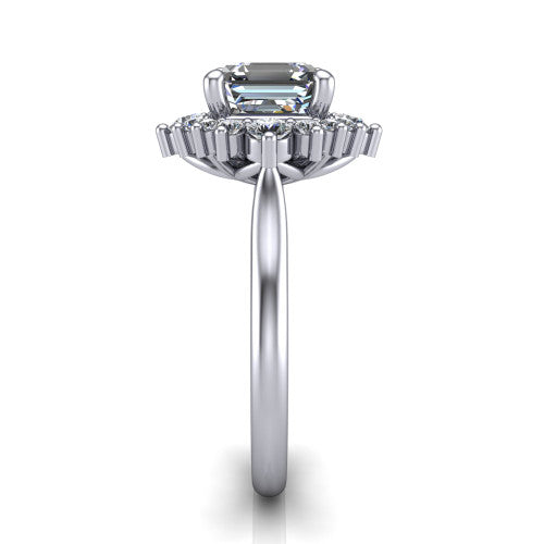 Hailey asscher halo engagement ring in 18K White Gold with vintage starburst cluster halo, side profile showing the plain band and raised cluster halo