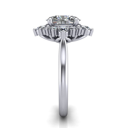 Hailey oval halo engagement ring in Platinum with vintage starburst cluster halo, side profile showing the plain band and raised cluster halo
