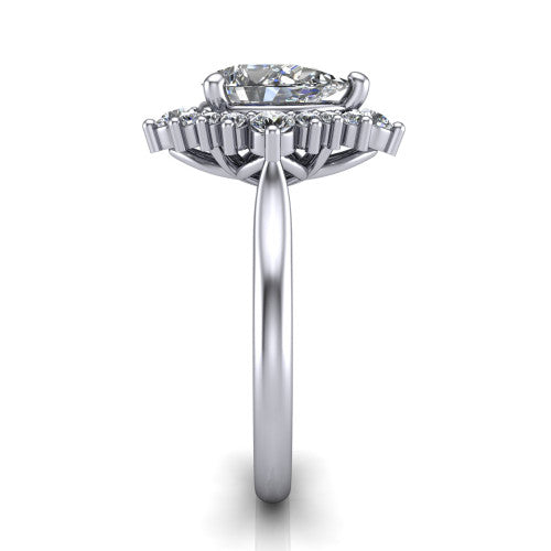 Hailey pear halo engagement ring in 18K White Gold with vintage starburst cluster halo, side profile showing the plain band and raised cluster halo