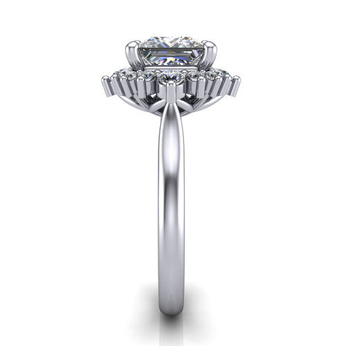 Hailey princess halo engagement ring in Platinum with vintage starburst cluster halo, side profile showing the plain band and raised cluster halo