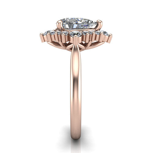 Hailey pear halo engagement ring in 14K Rose Gold with vintage starburst cluster halo, side profile showing the plain band and raised cluster halo