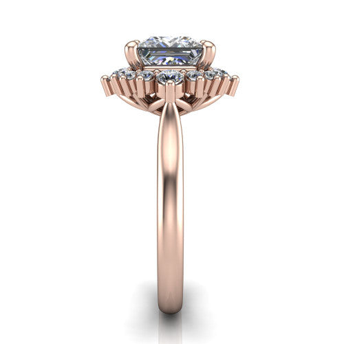 Hailey princess halo engagement ring in 18K Rose Gold with vintage starburst cluster halo, side profile showing the plain band and raised cluster halo