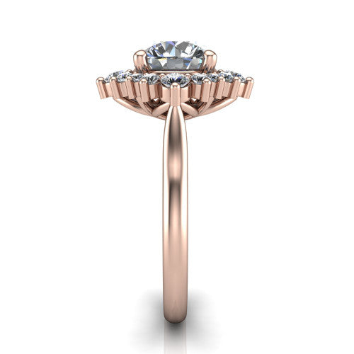Hailey round halo engagement ring in 18K Rose Gold with vintage starburst cluster halo, side profile showing the plain band and raised cluster halo