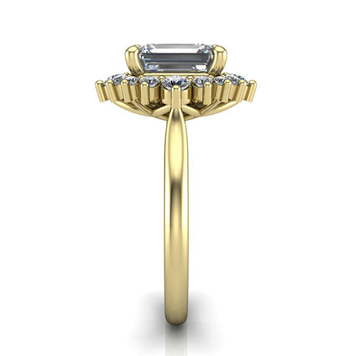 Hailey emerald halo engagement ring in 14K Yellow Gold with vintage starburst cluster halo, side profile showing the plain band and raised cluster halo