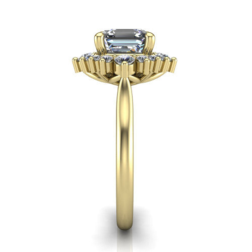 Hailey asscher halo engagement ring in 18K Yellow Gold with vintage starburst cluster halo, side profile showing the plain band and raised cluster halo