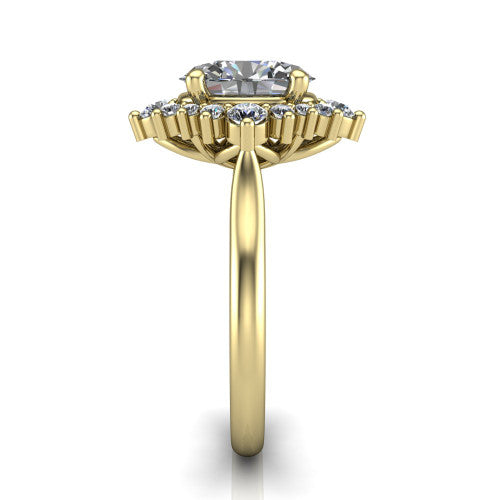 Hailey oval halo engagement ring in 18K Yellow Gold with vintage starburst cluster halo, side profile showing the plain band and raised cluster halo