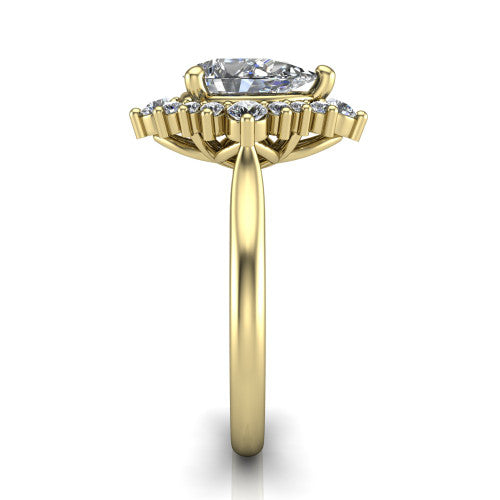 Hailey pear halo engagement ring in 18K Yellow Gold with vintage starburst cluster halo, side profile showing the plain band and raised cluster halo