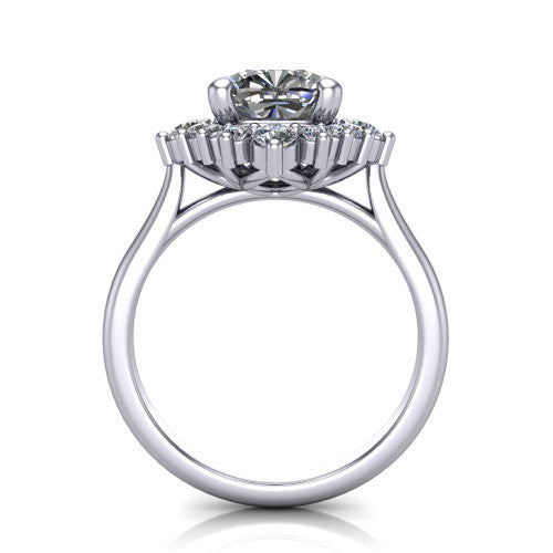 Hailey cushion halo engagement ring in 18K White Gold with vintage starburst cluster halo, through-finger front profile