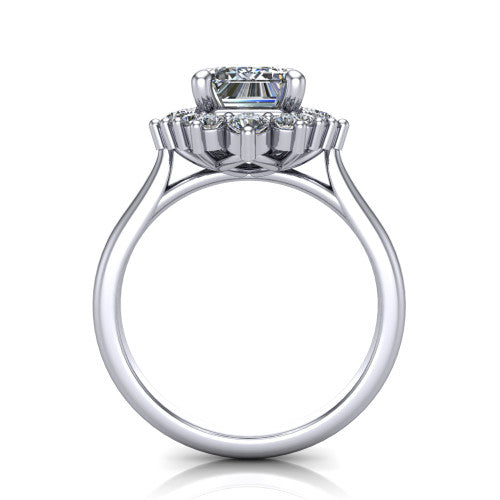 Hailey emerald halo engagement ring in Platinum with vintage starburst cluster halo, through-finger front profile