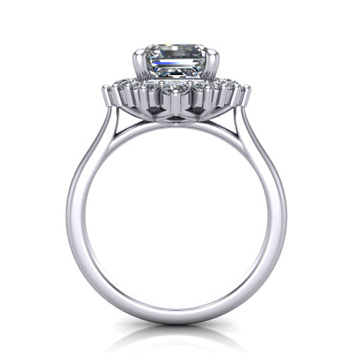 Hailey asscher halo engagement ring in 18K White Gold with vintage starburst cluster halo, through-finger front profile