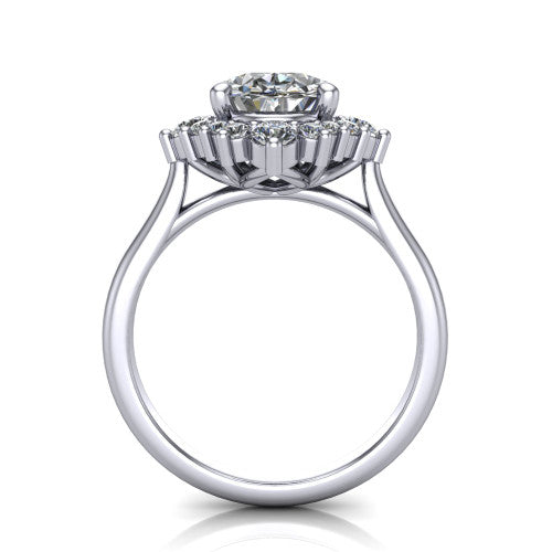 Hailey oval halo engagement ring in Platinum with vintage starburst cluster halo, through-finger front profile