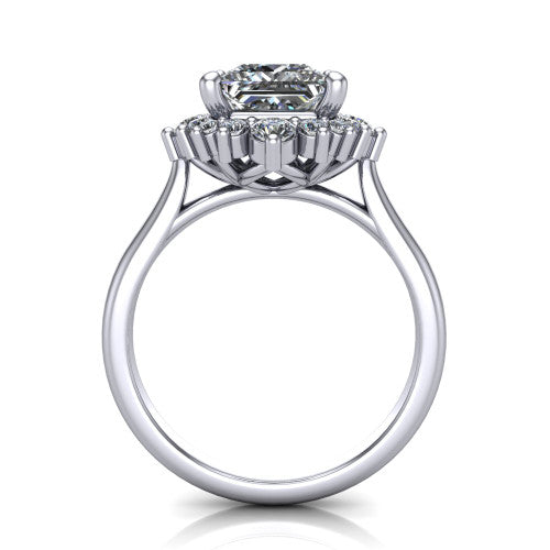 Hailey princess halo engagement ring in Platinum with vintage starburst cluster halo, through-finger front profile